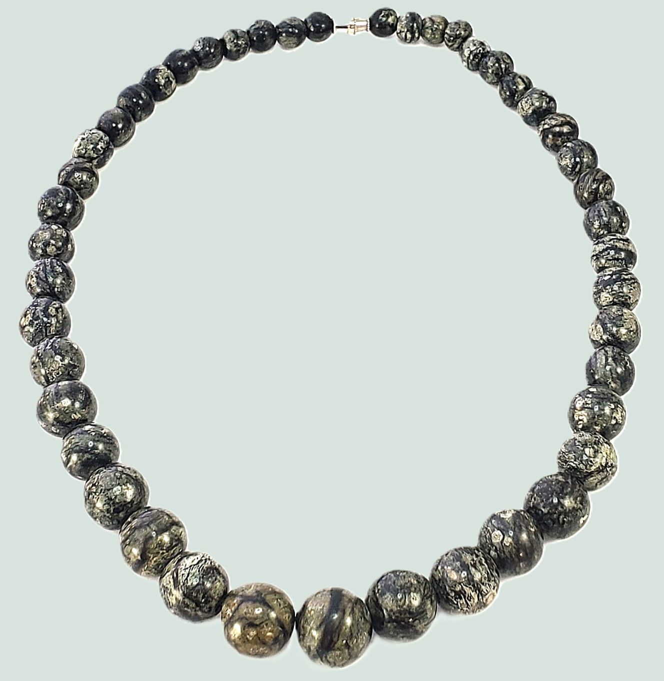 Graduated STONE Bead Necklace Barrel Clasp Vintage Marbled Black and Gray 19″