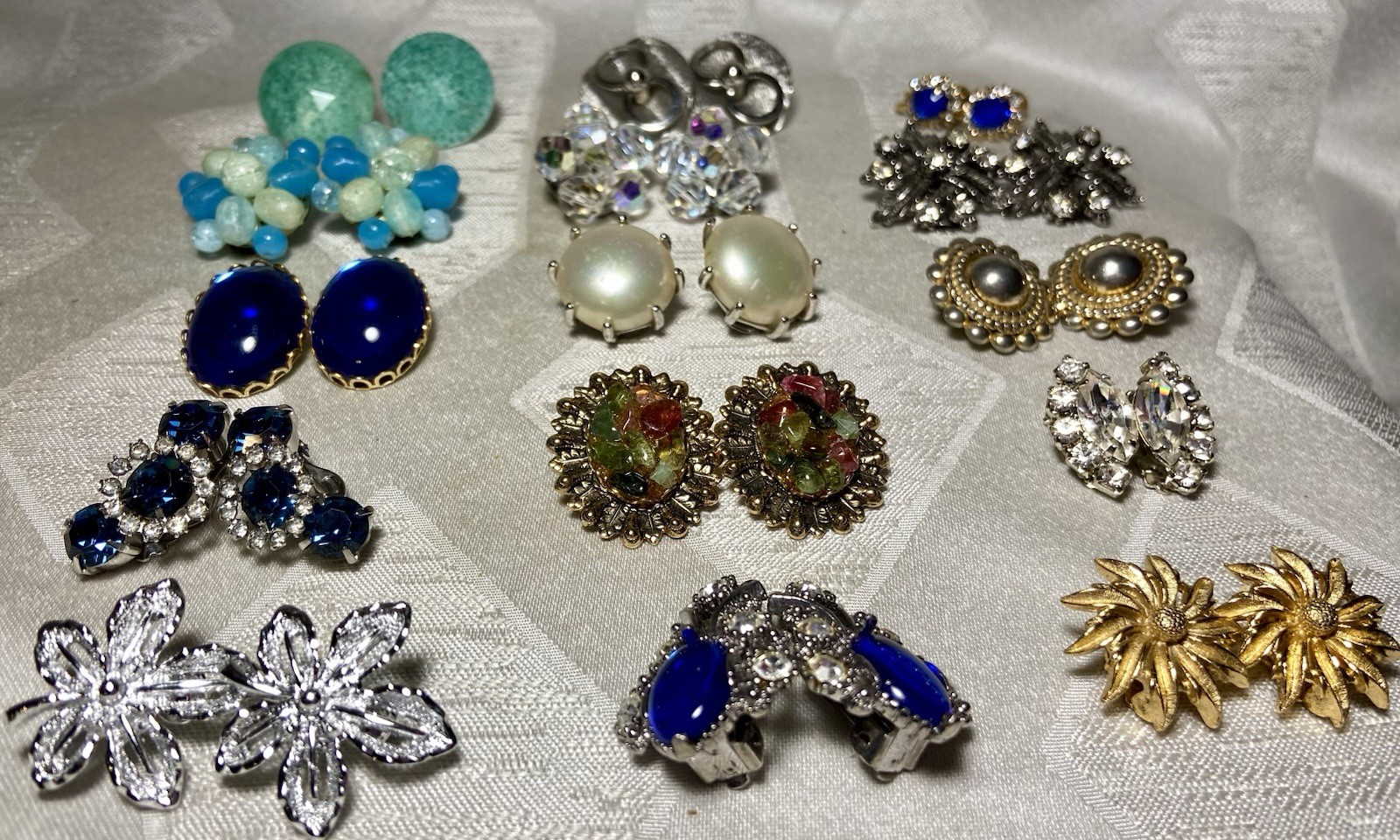 Vintage Earrings Lot 15 Pairs Clip On Screw Back Rhinestone Beaded Signed