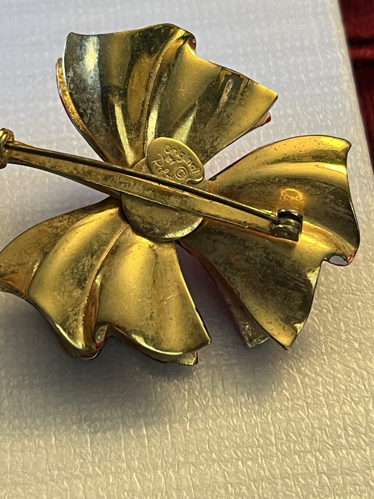 Vintage Original by Robert Enamel Red Flower Brooch Pin Signed Designer 1960’s