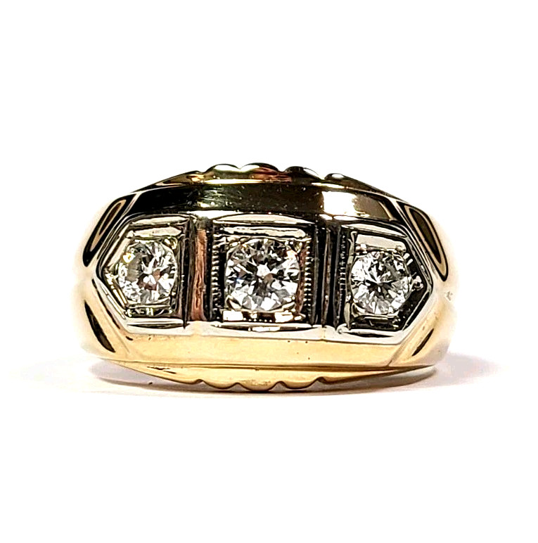 Vintage 14k Yellow Gold 3 Diamond .35 Carat Men’s Ring Size 9
