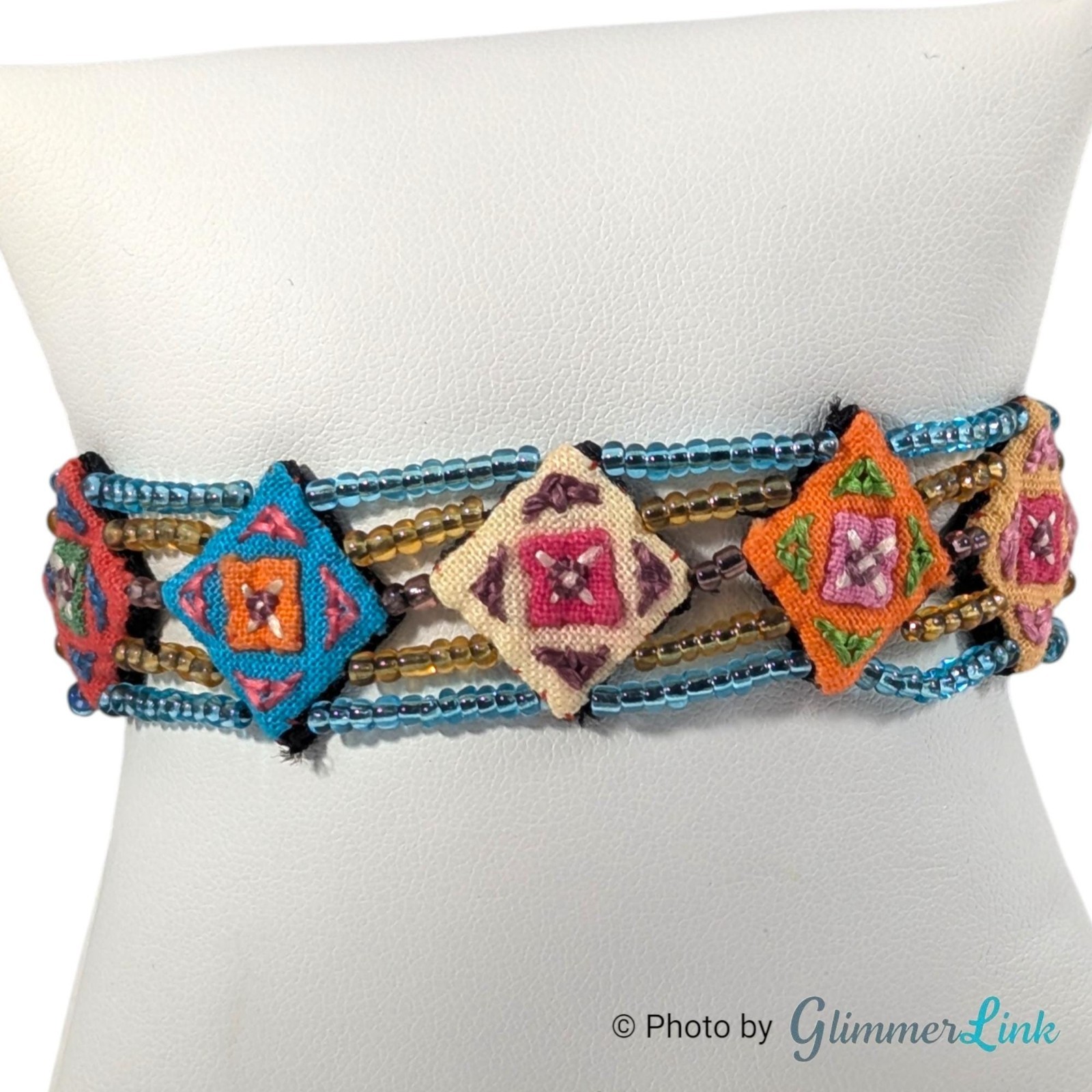 Vintage Beaded Bracelet Embroidered Textile Panels Boho Multicolor