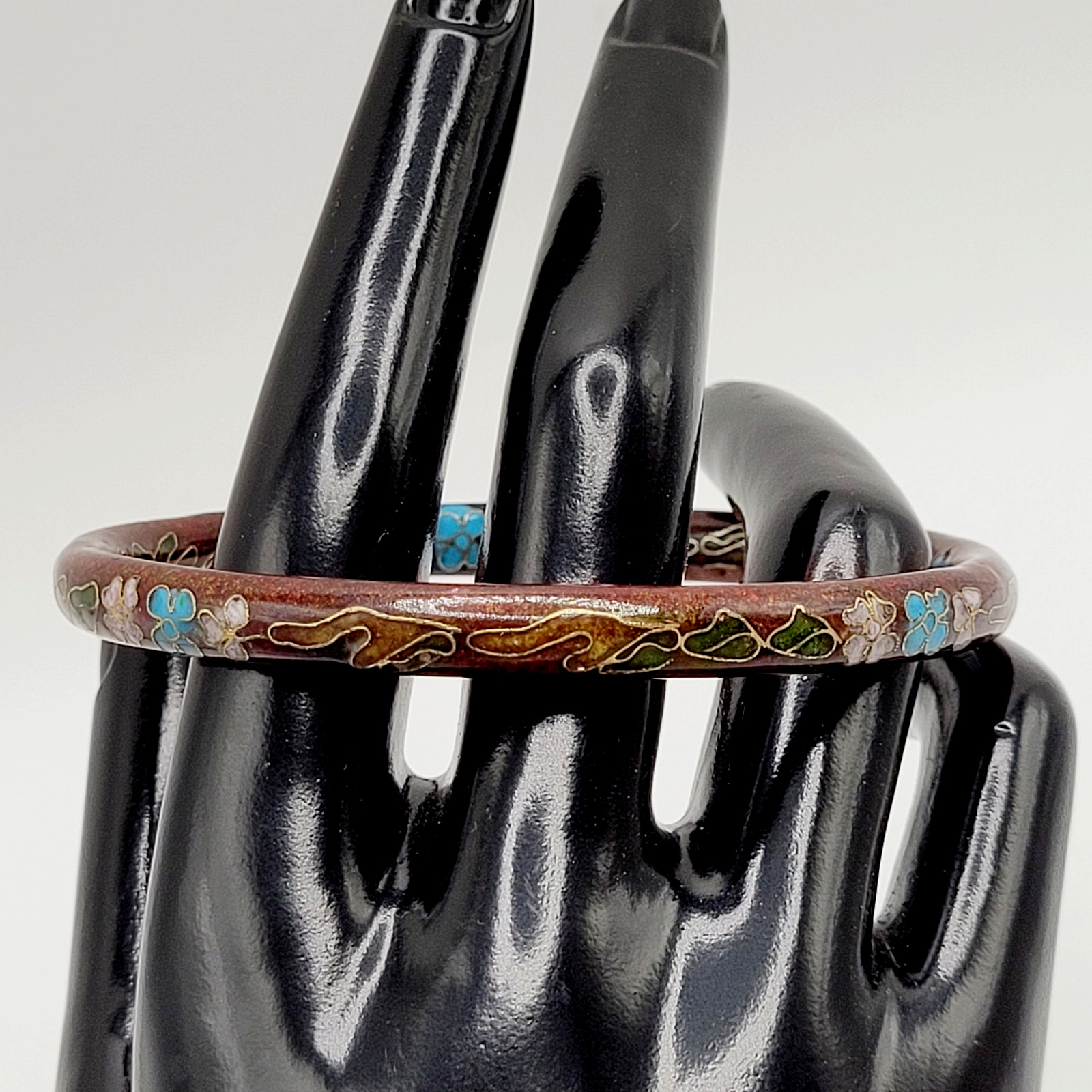 Cloisonné Deep Red Enamel Floral Hand Painted Asian Inspired Bangle Bracelet