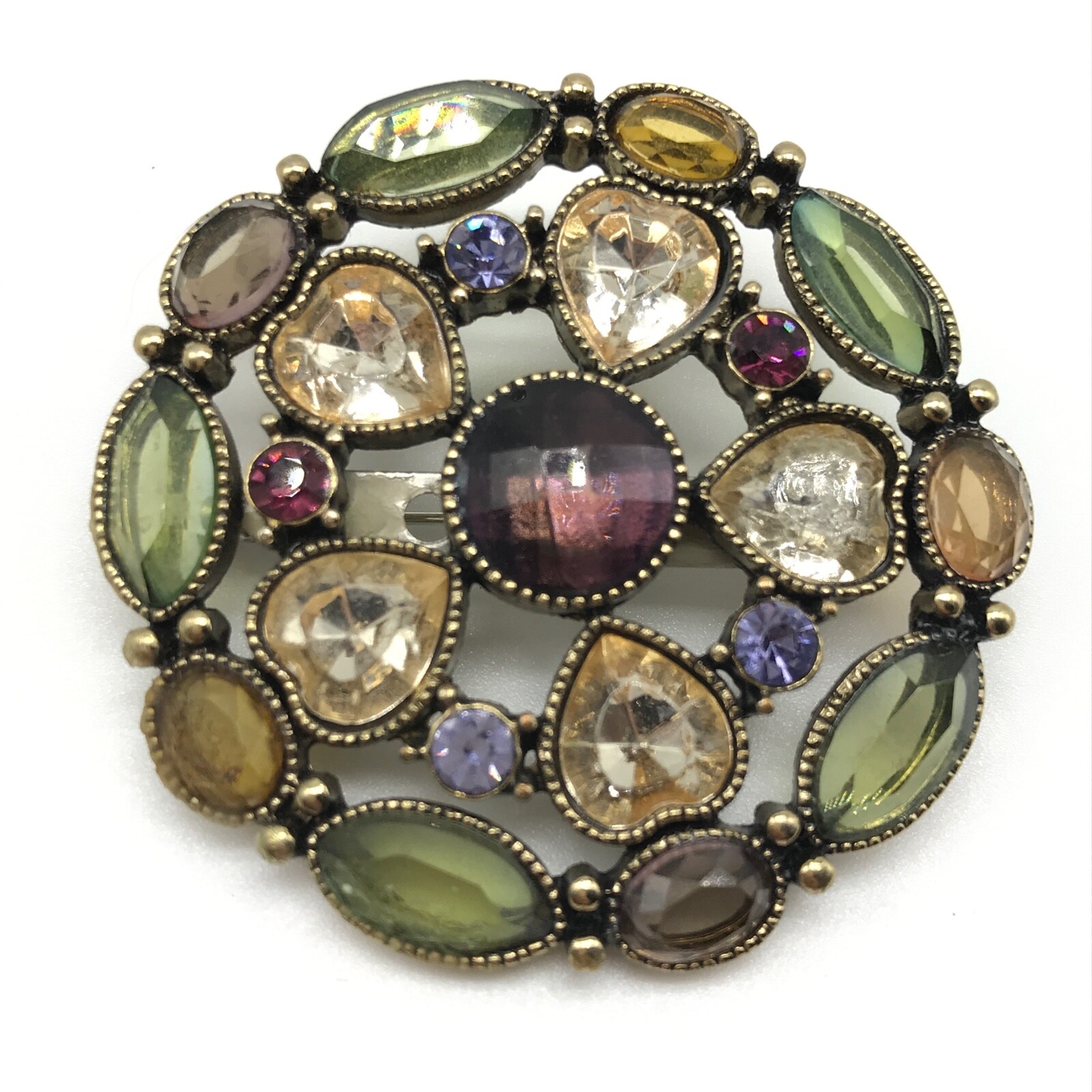 Vintage Multicolor Rhinestone Green Purple Yellow Heart Round Brooch Pin