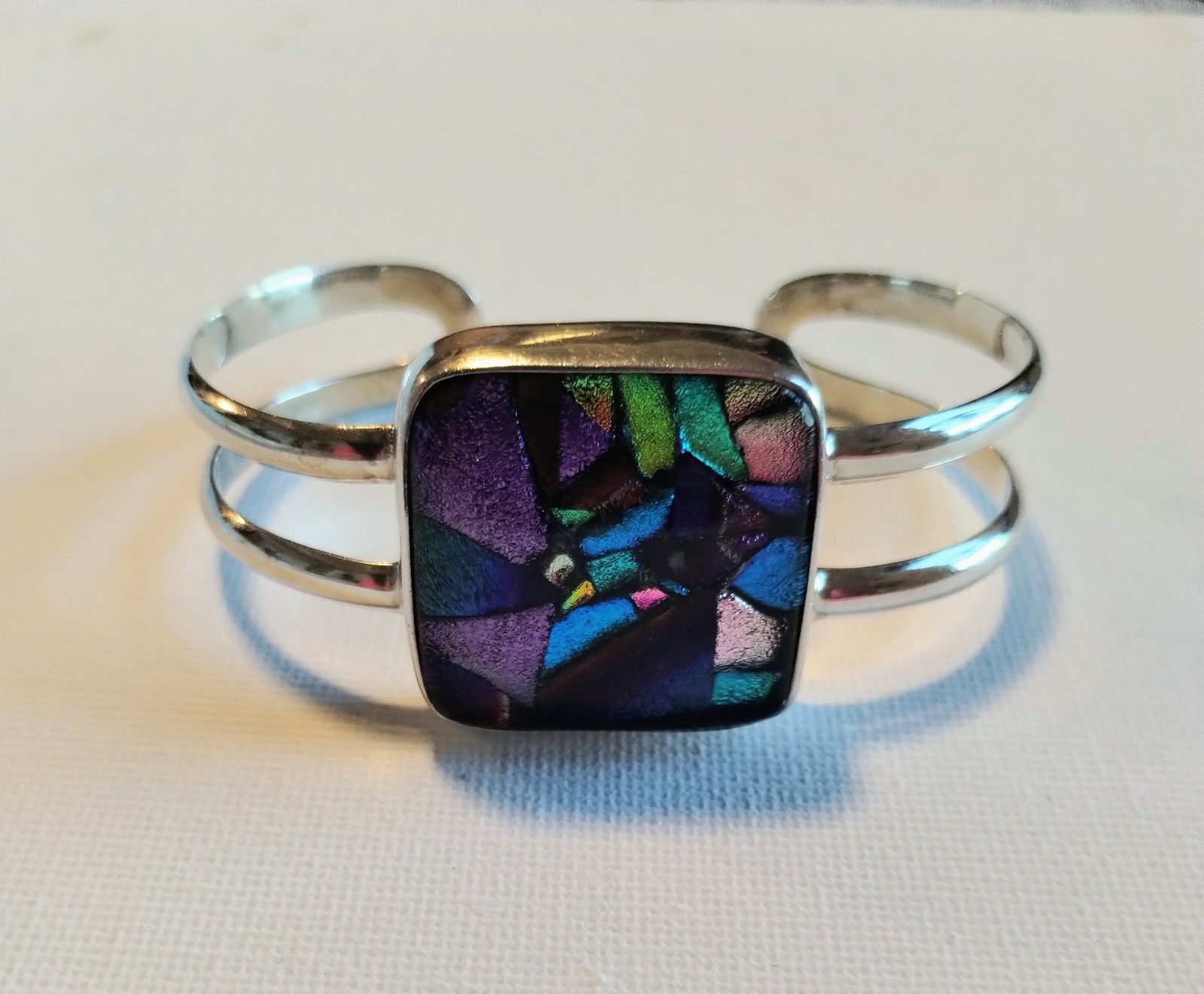 Handmade Small Purple Blue Dichroic Glass Sterling Silver Cuff Bracelet 6.5in