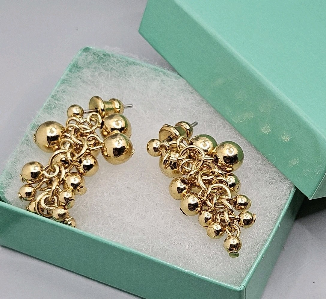 Vintage Gold Tone Ball Beaded Earrings Grape Clusters Dangle Pierced Post Shiny