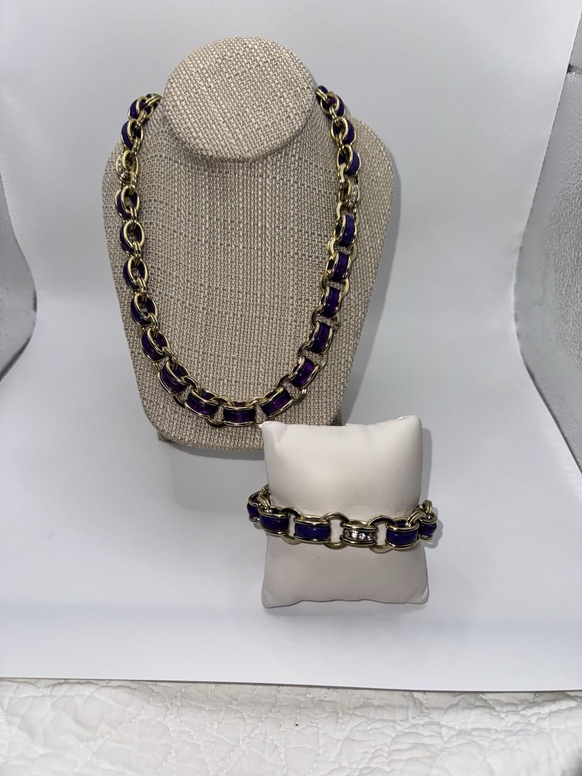 Vintage Coldwater Creek Gold Tone Purple Enamel Necklace & Bracelet Set