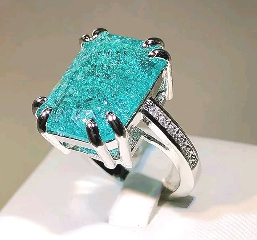 Shiny 10 CT Emerald Cut Lab-Created Paraiba Tourmaline Ring 925 Sterling Silver