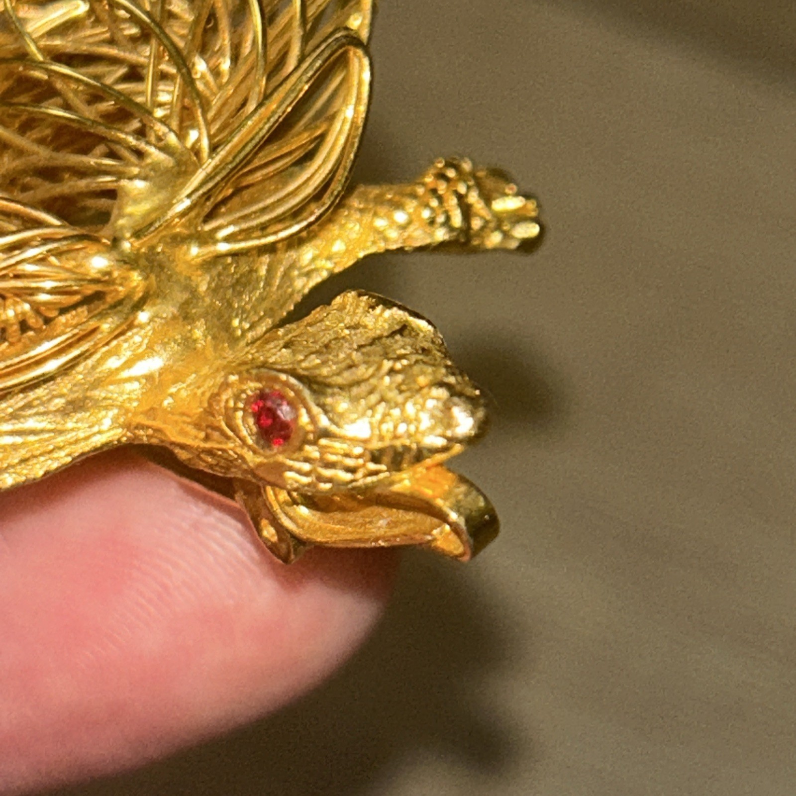 Vintage Turtle Brooch Pin Wire Work 70’s Gold Tone Red Crystal Eyes Whimsical
