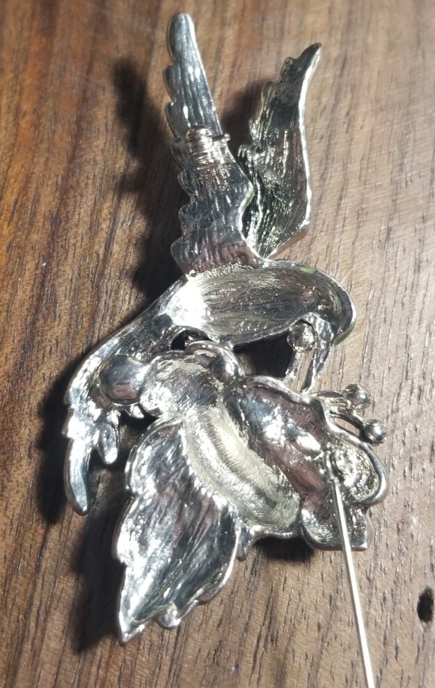 Colorful Hummingbird And Flower Brooch Purple Green And Blue Enamel Silver