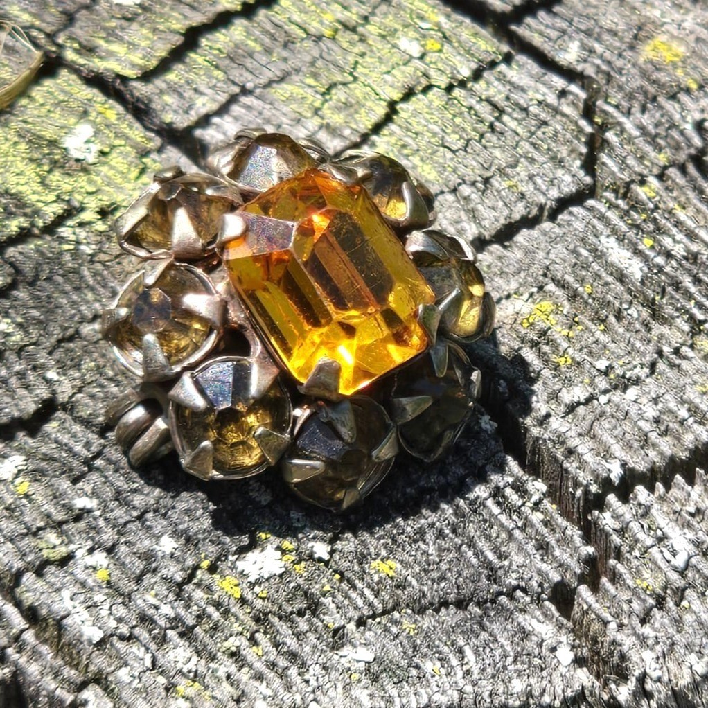 Vintage Amber Rhinestone Brooch Topaz Crystal Cluster Pin jewelry mini Sparkle
