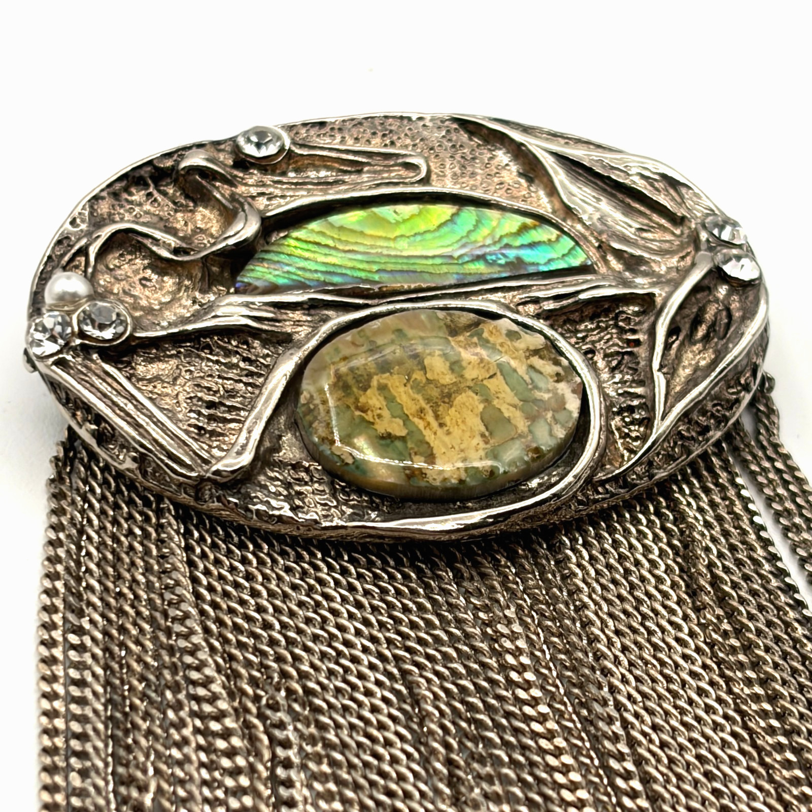 Vintage Modernist Art Nouveau Abalone Shell Waterfall Brooch Pin Fringe Chain
