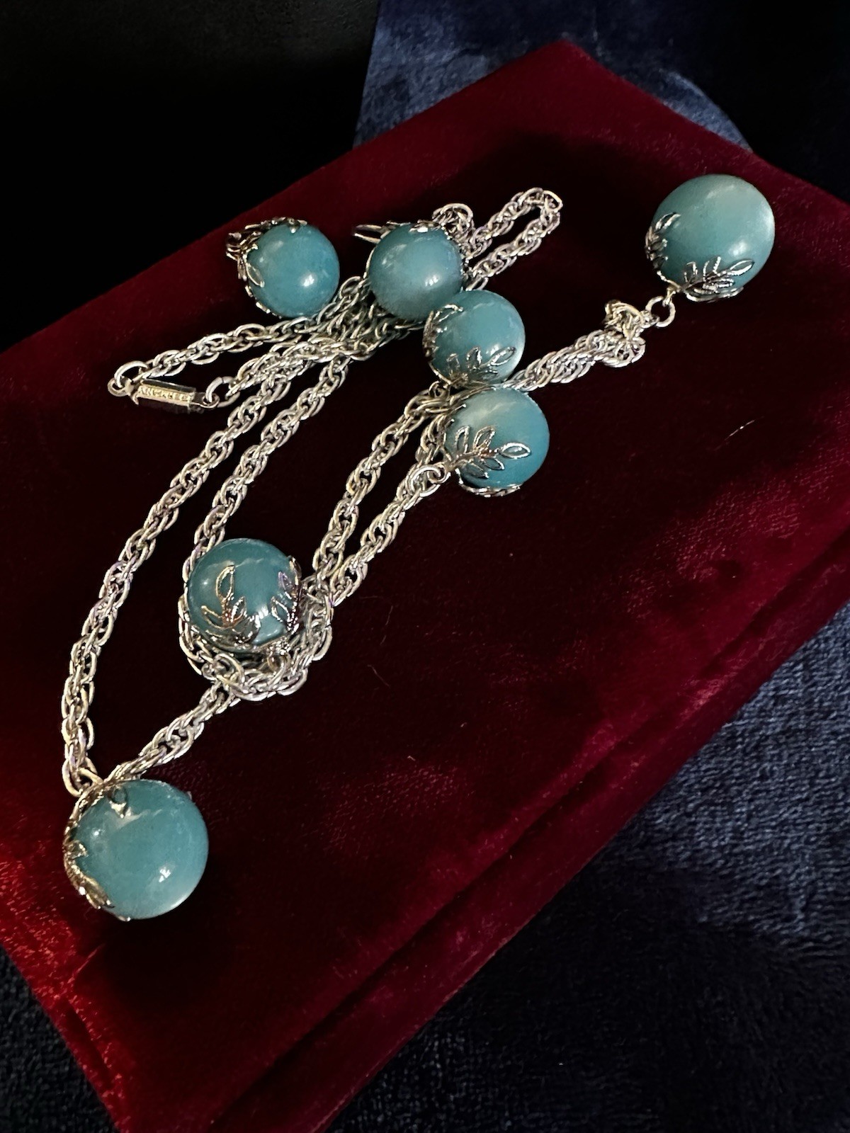 Vintage Germany Blue Moonglow Bead Necklace and Clip On Earring Set MCM 24”