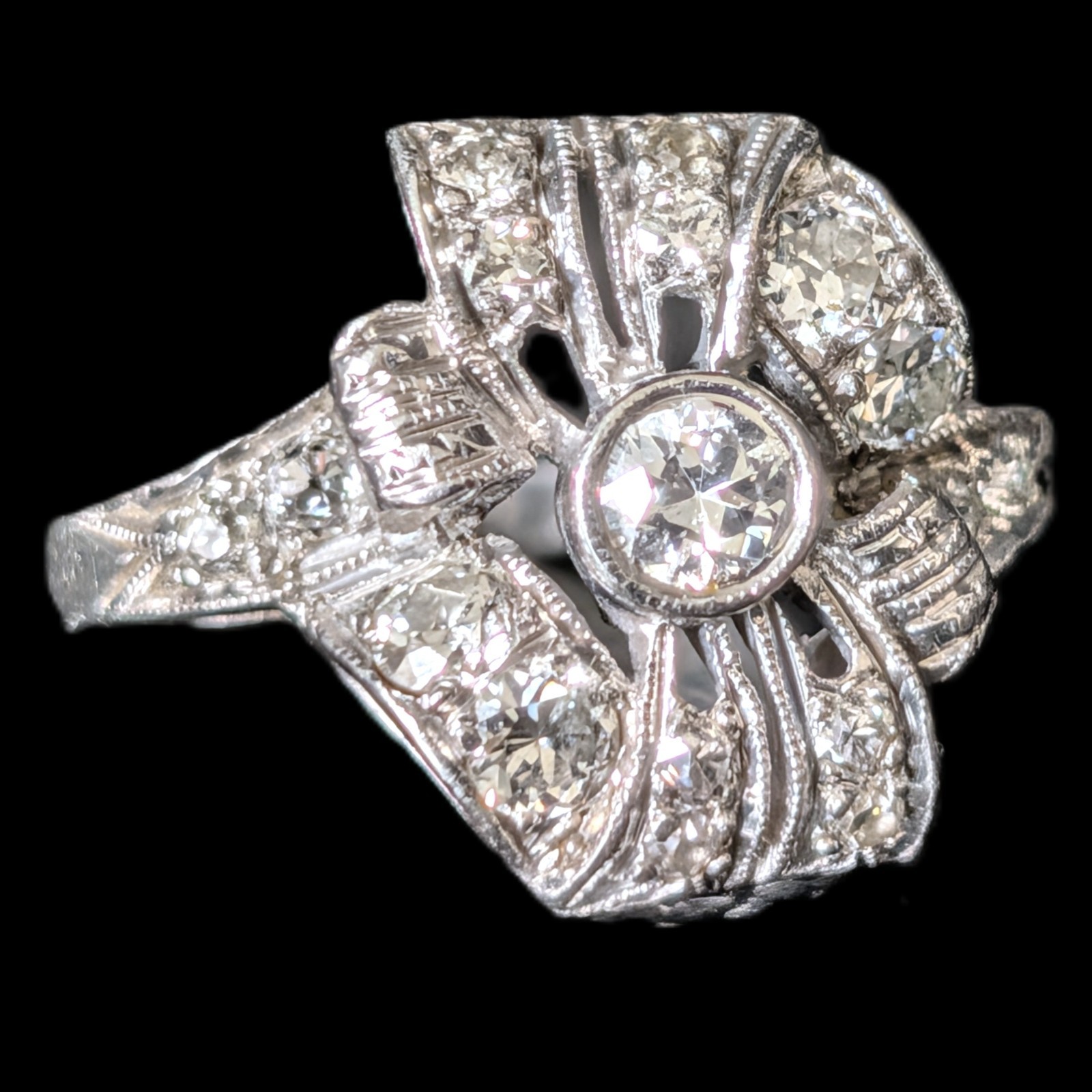 Edwardian Era Old European Cut Diamonds Platinum Cocktail Ring Floral Antique