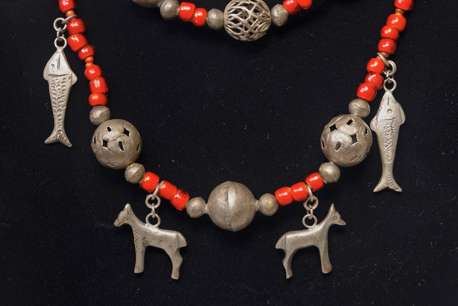 VTG Chachal Necklace w/ White Heart Beads, Guatemalan Coins, & Milagros Charms