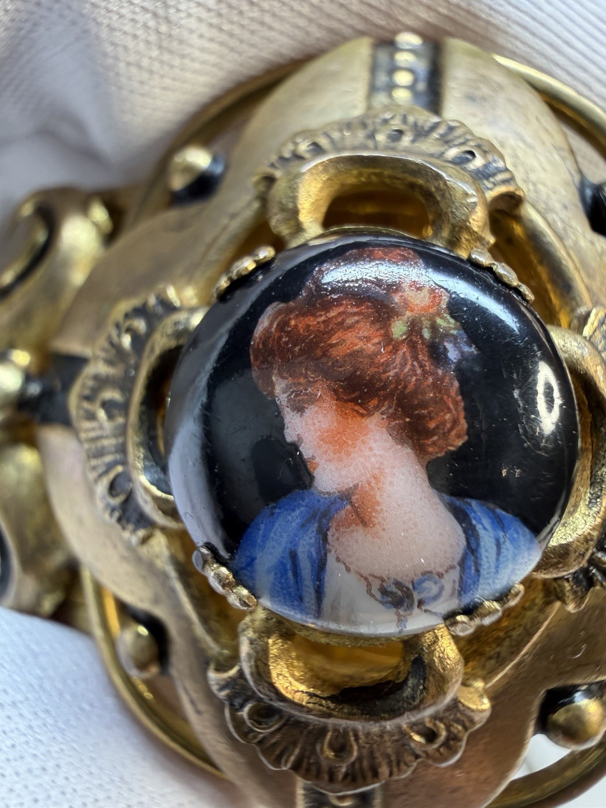 Antique Victorian Porcelain Miniature Portrait Bangle Cuff Bracelet C. 1900