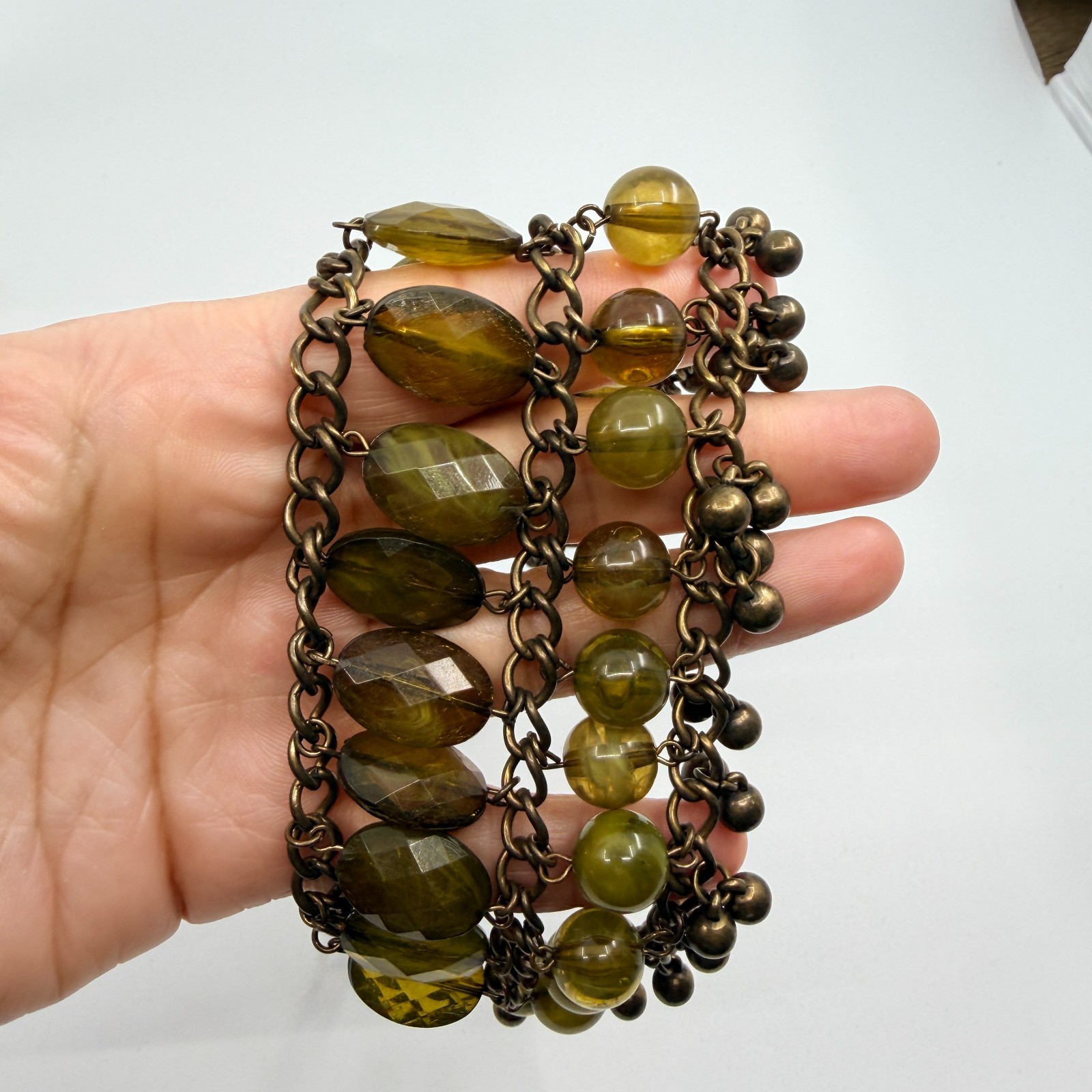 Vintage Bronze Tone Multi Strand Bib Necklace Chunky Statement Green Bead Boho