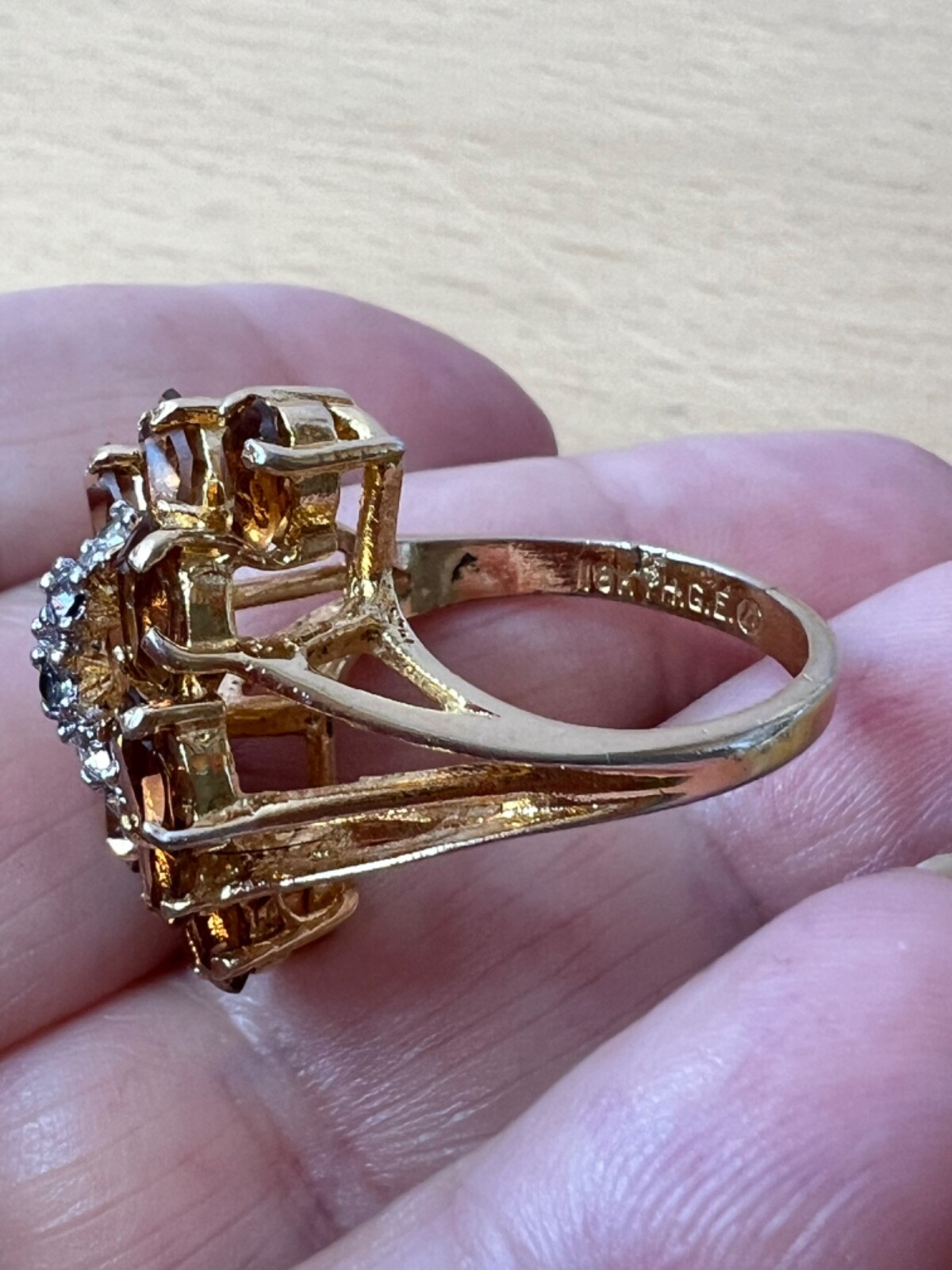 VINTAGE LARGE FAUX CITRINE GLASS CZ CUBIC ZIRCONIA COCKTAIL DRESS RING STATEMENT