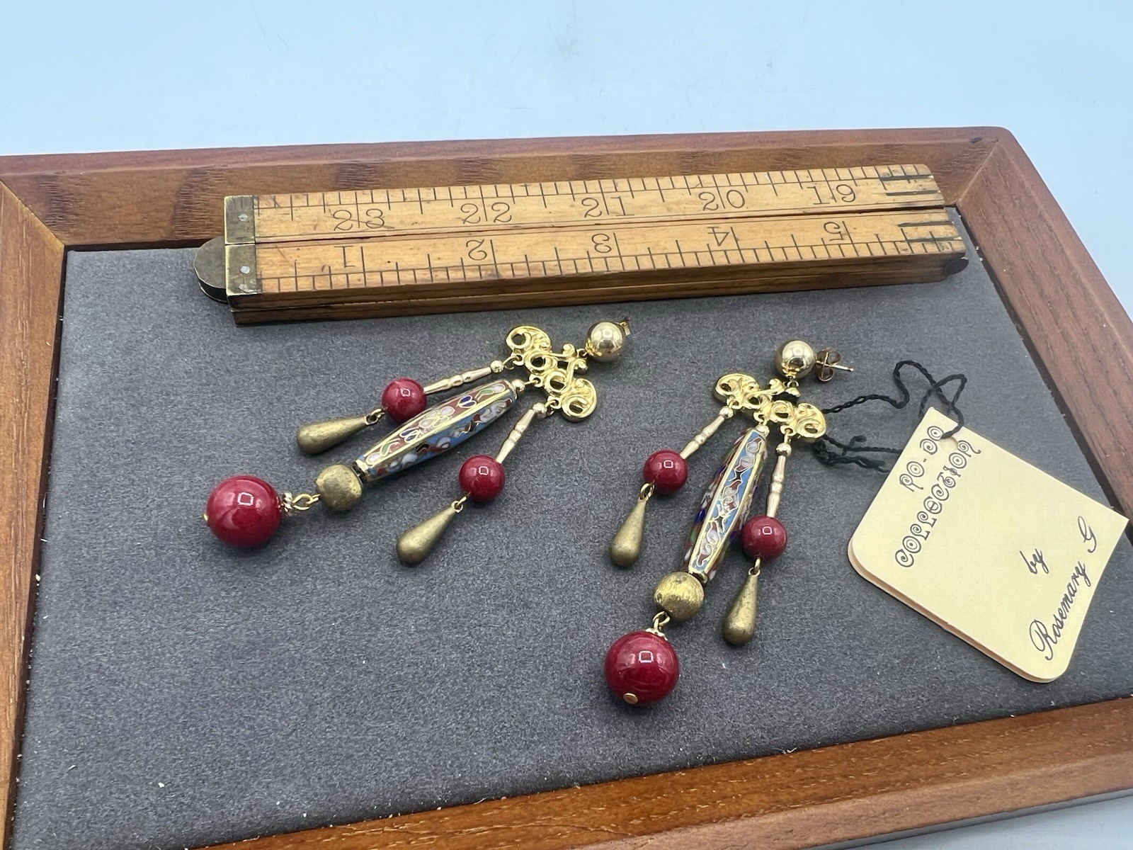 Vintage Gold Red Cloisonné Bead Artisan Dangle Earrings New Old Stock NOS