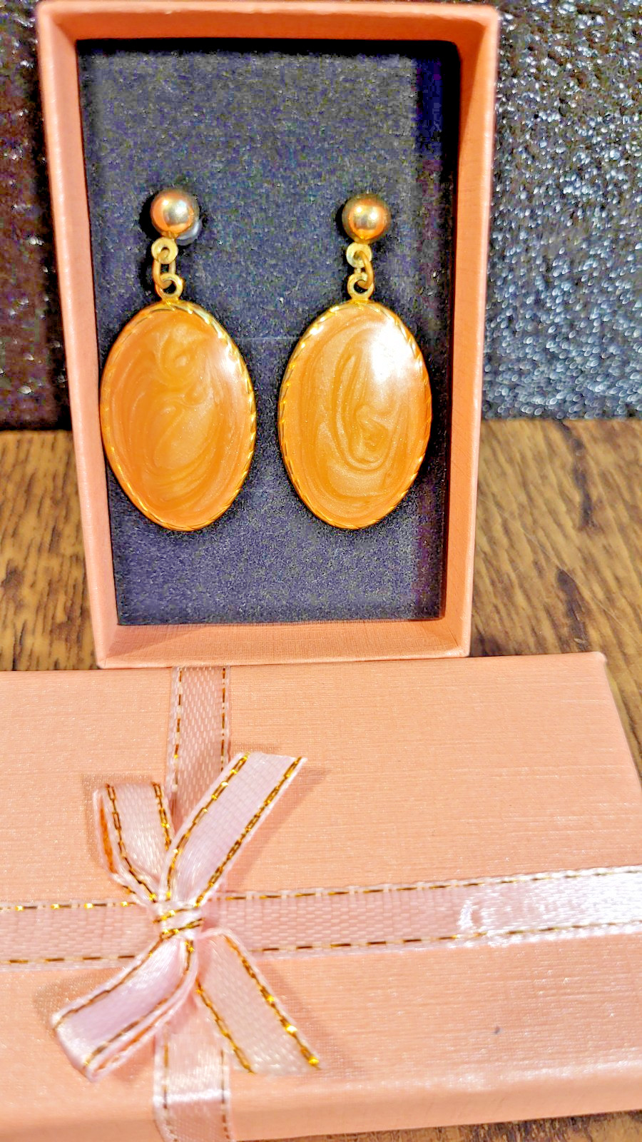Vintage Marbleized Orange Tone Lucite Oval Earrings in Gold-Tone Setting
