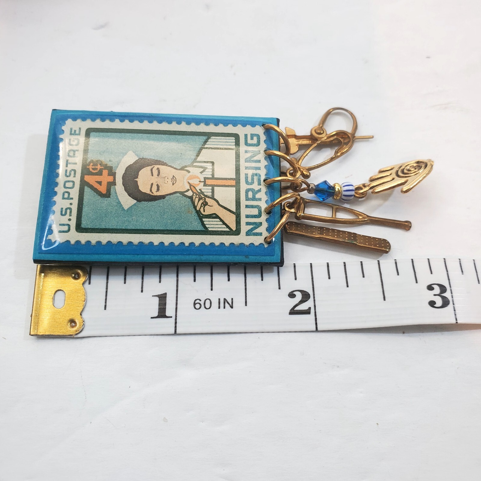 Vintage USPS Resin Metal Nursing Postage Stamp Brooch Pin with Dangle Charms