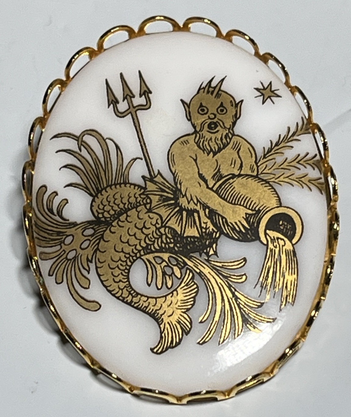 Vintage king Neptune Poseidon merman damascene Resin metal brooch 1-5/8”