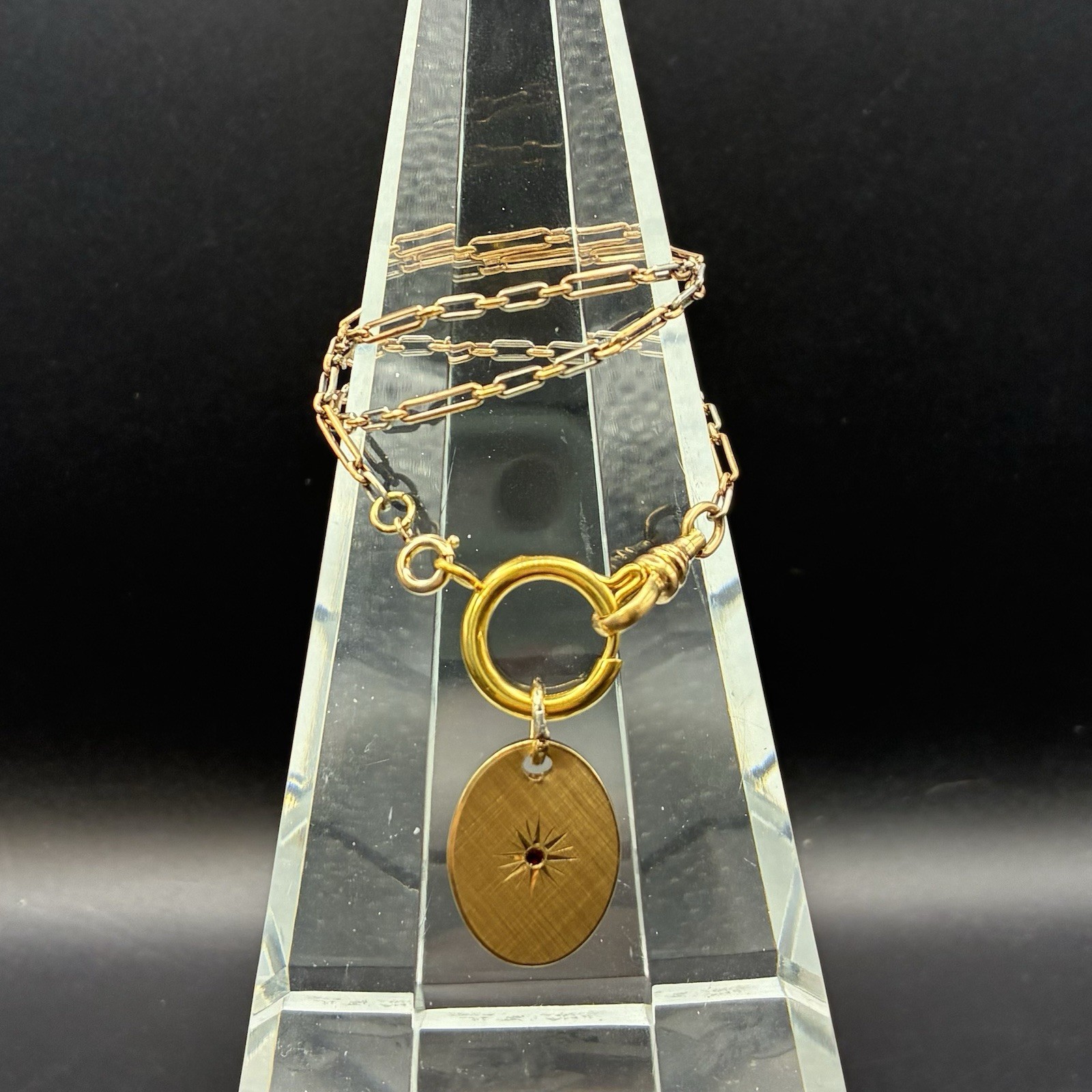 Vintage 12k Gold Filled Pocket Watch Chain FOB,Dog Clip,O-Ring, Ruby-Glass Charm