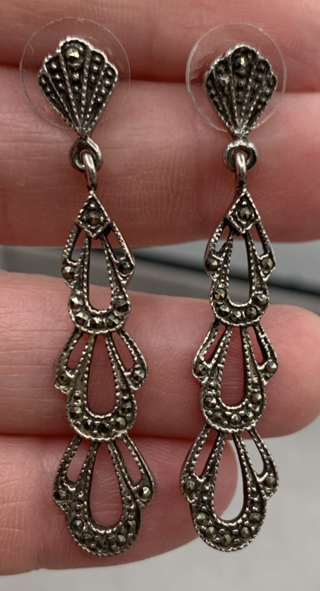 Vintage Sterling Silver Marcasite Filigree Dangle Drop Post Earrings