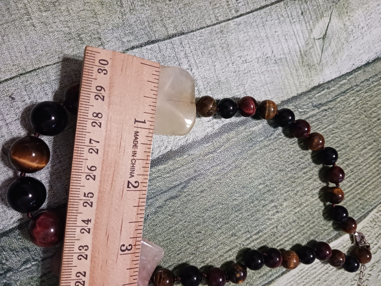VINTAGE NATURAL YELLOW JADE TIGER’S EYE GEMSTONE NECKLACE 18K WHITE GOLD PLATED