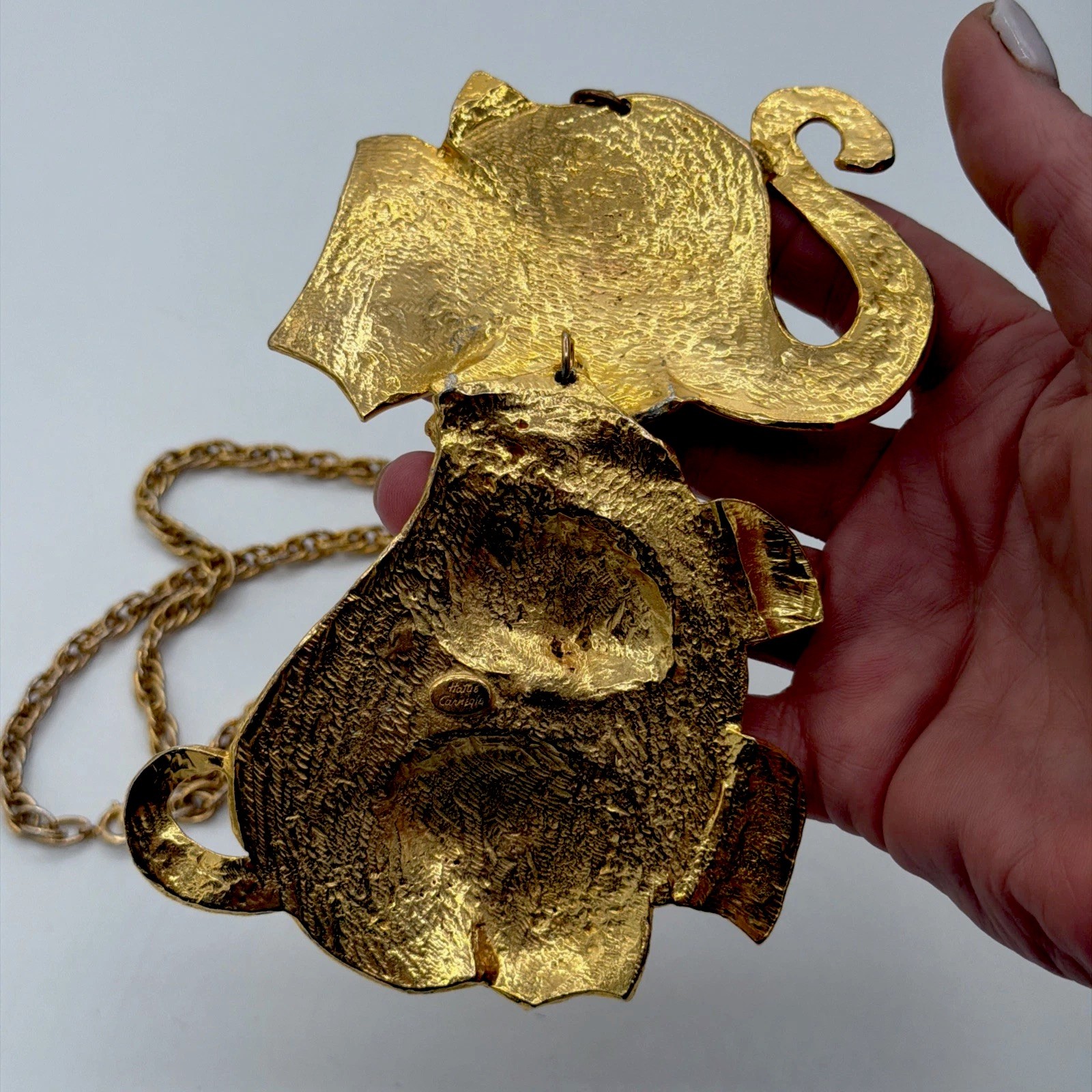 Rare Hattie Carnegie Articulated Elephant Necklace • Textured Gold Statement