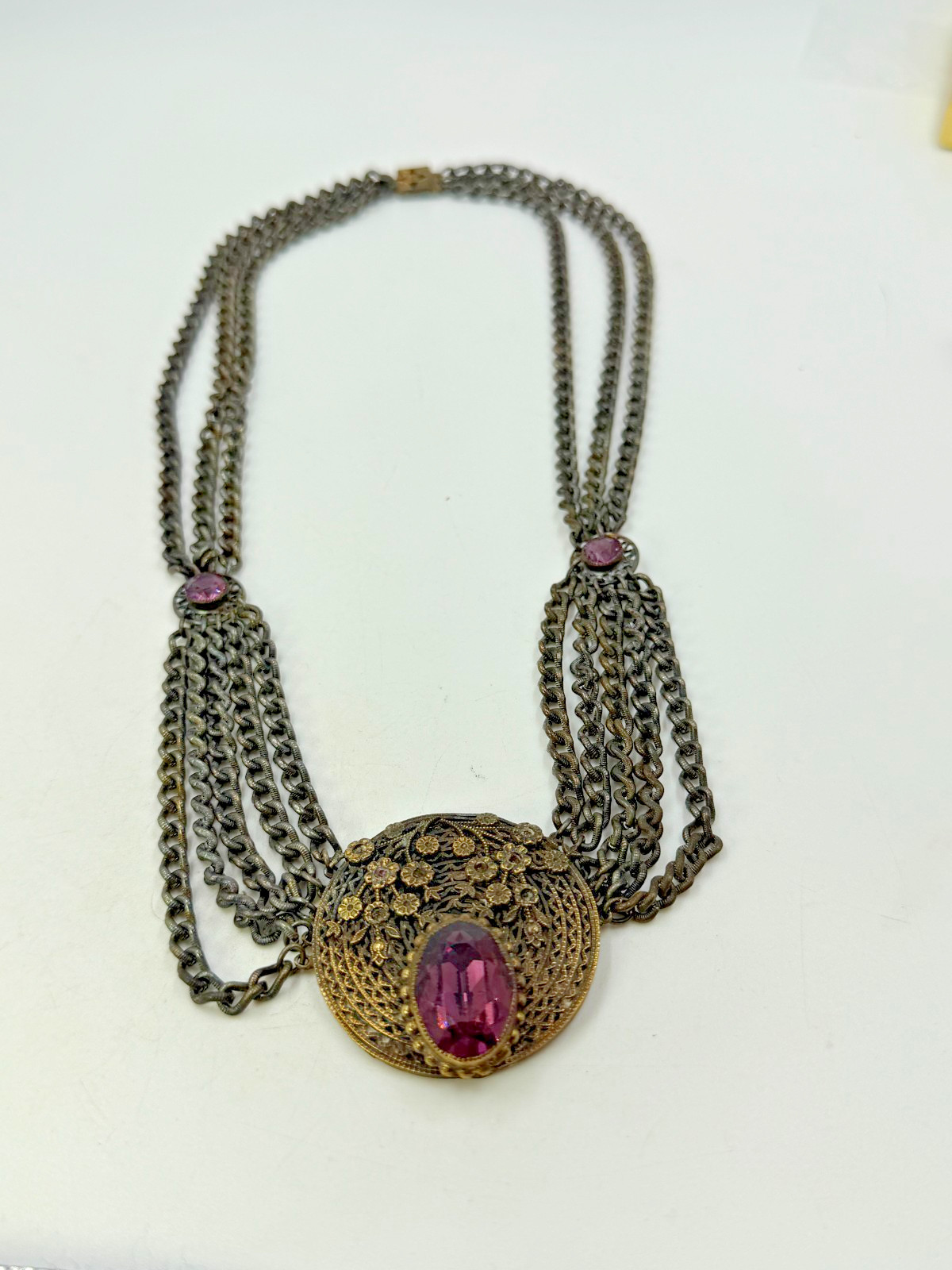Vintage Necklace Gothic Victorian Swag Chain Purple Glass Pendant 16 in PJ