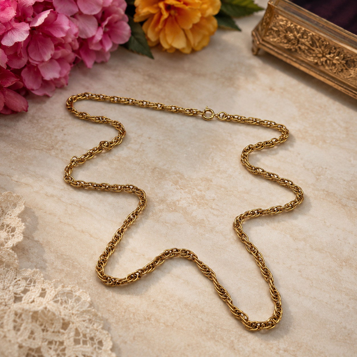 Vintage Gold Tone 23 In 4mm Wheat Spiga Chain Necklace Spring Ring Clasp