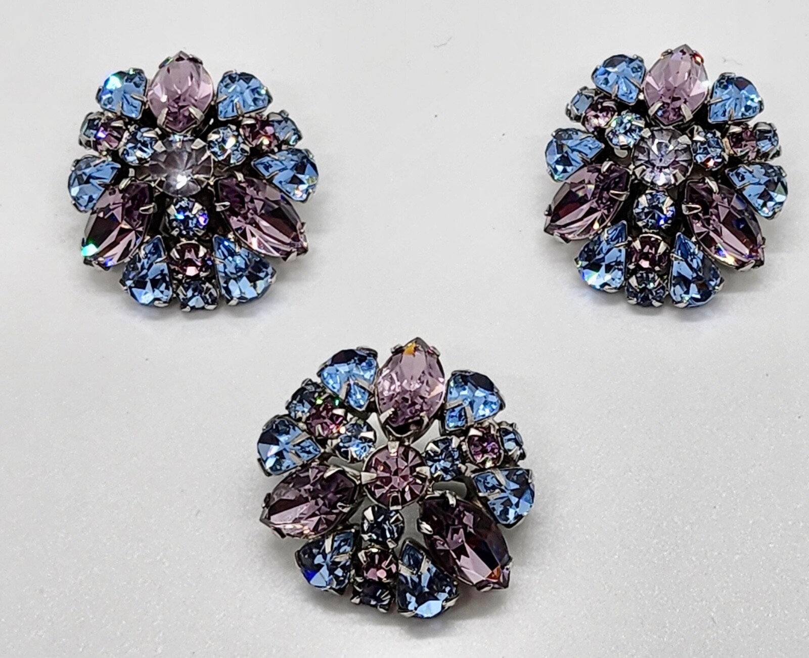 Alice Caviness blue and purple rhinestone earrings signed with brooch