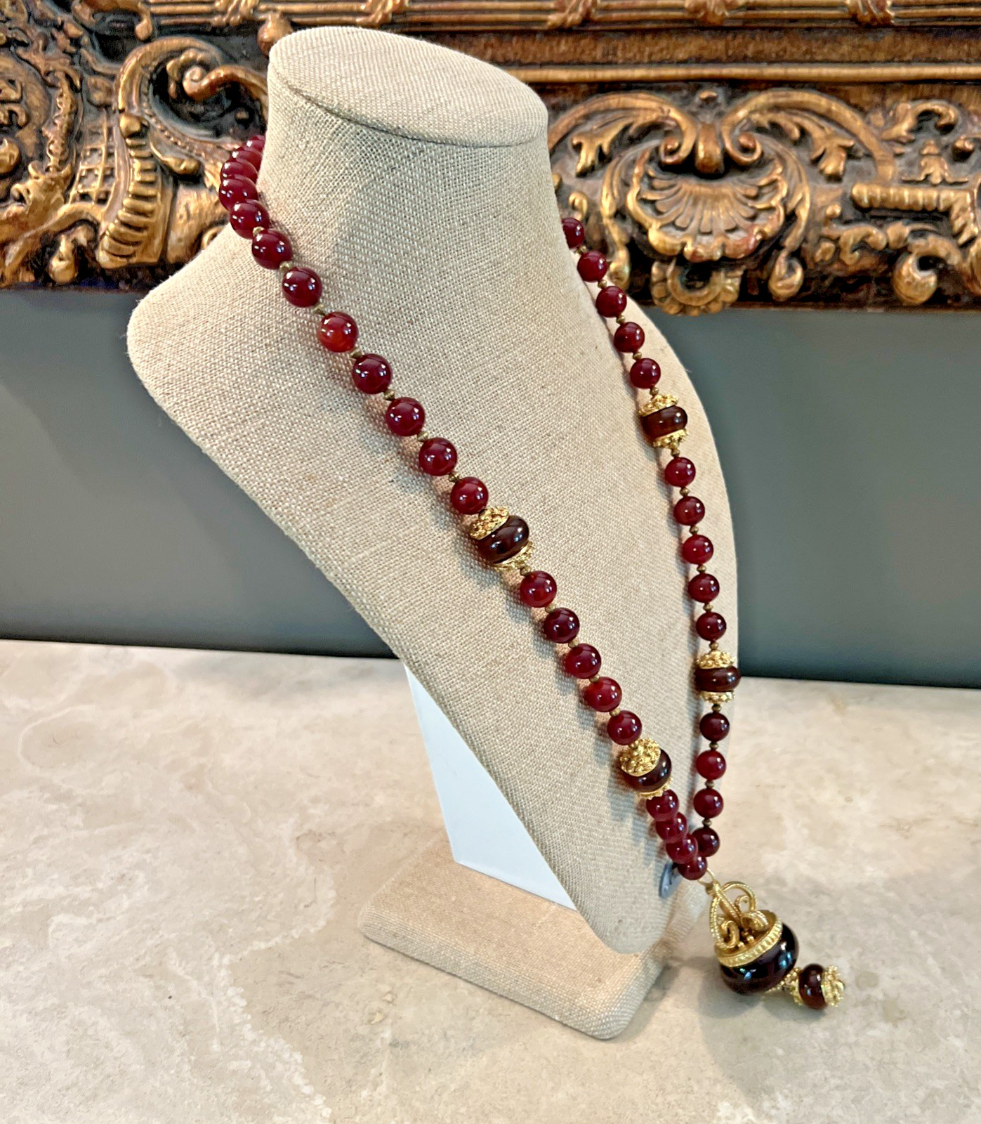 VTG SIGNED KENNETH LANE CARNELIAN RED AMBER GLASS BEAD PENDANT NECKLACE RARE 33″