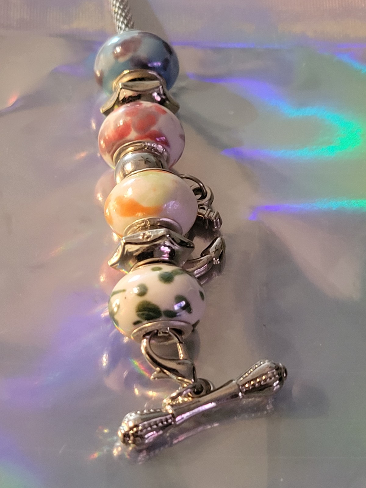 Sterling Silver Colored Art Glass Beaded Bracelet Toggle Clasp 7.5″