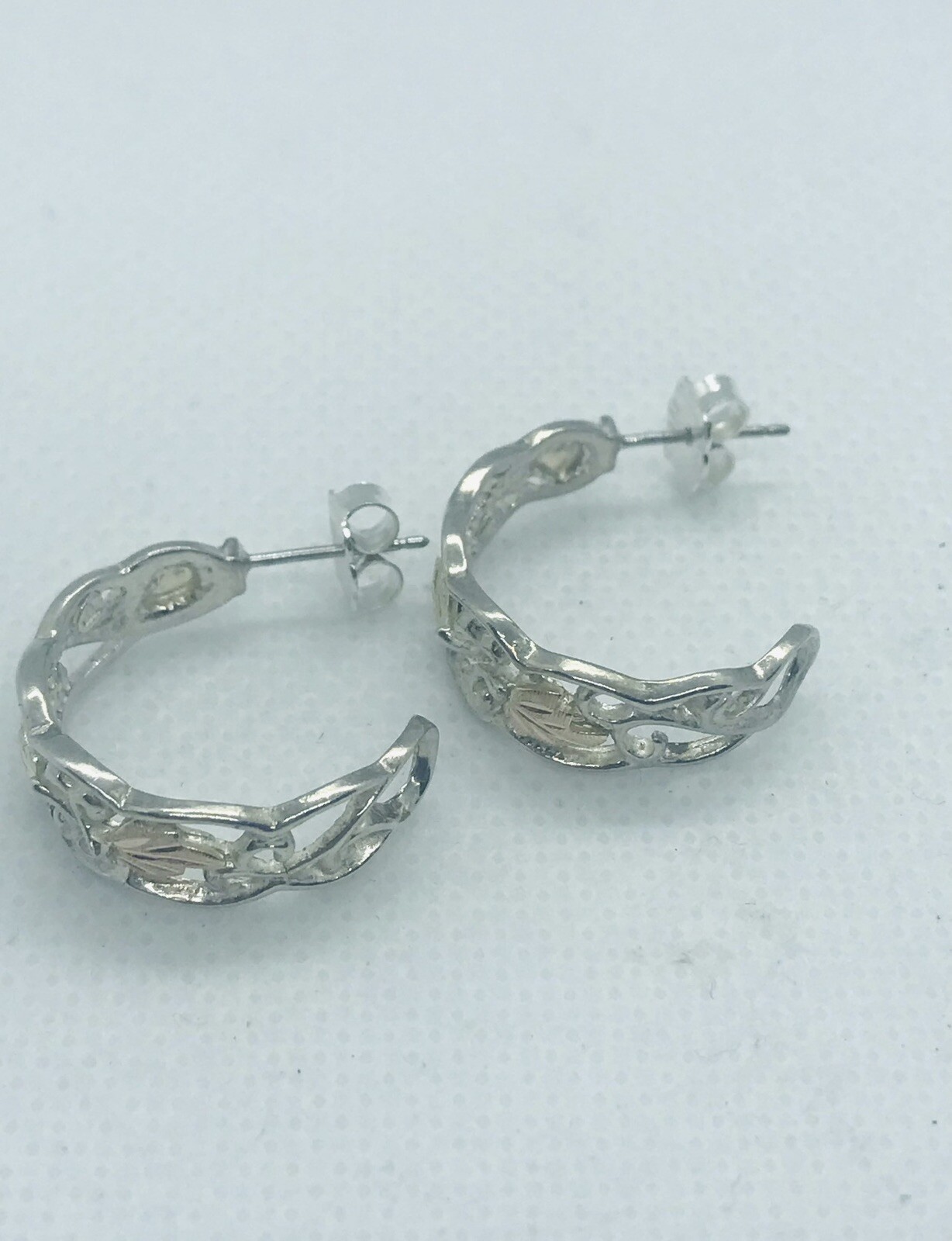 Vintage 9Karat Yellow & Rose Gold Silver Leaf Half Hoop Push Back Earrings