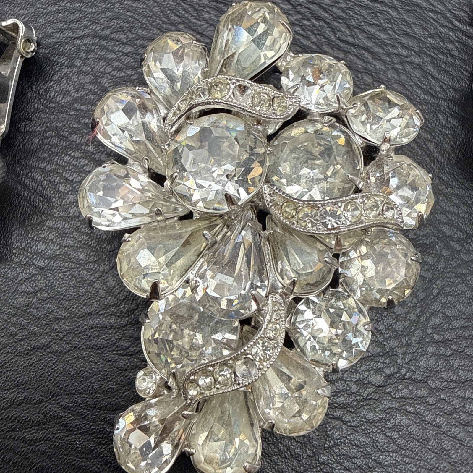 Vintage Eisenberg Ice Rhinestone Brooch and Clip On Earrings Set Signed
