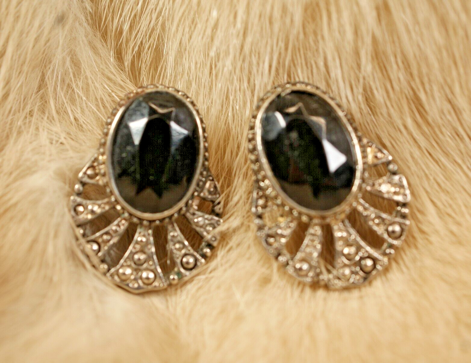 E#19, Vintage Pierced Earrings, Marcasite, Faceted Onyx, 1 X 3/4 inches