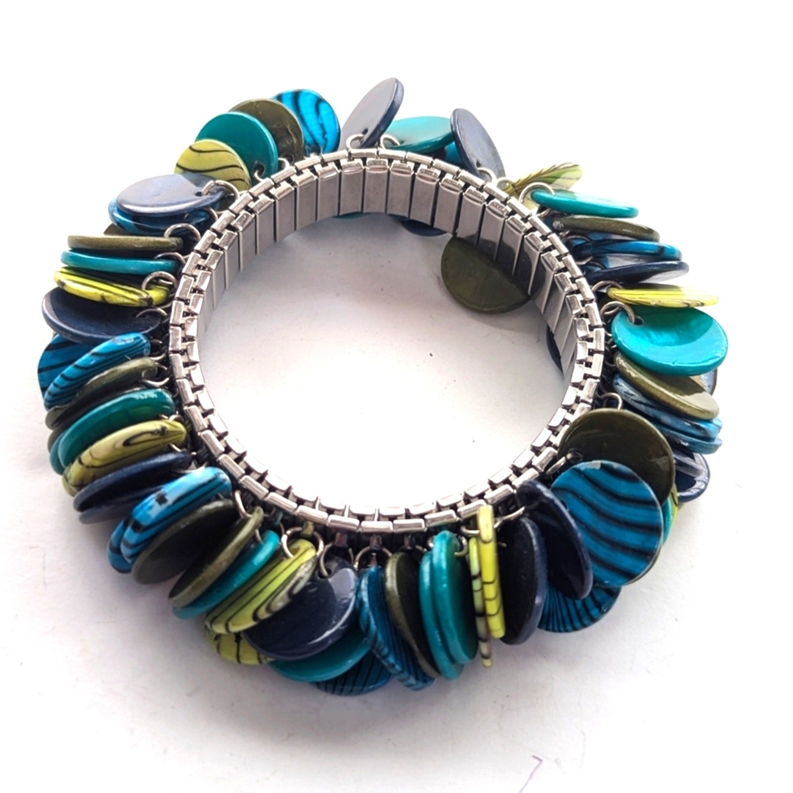 Vintage Iridescent Blue Green Disc Beaded Cha-Cha Expansion Stretch Bracelet