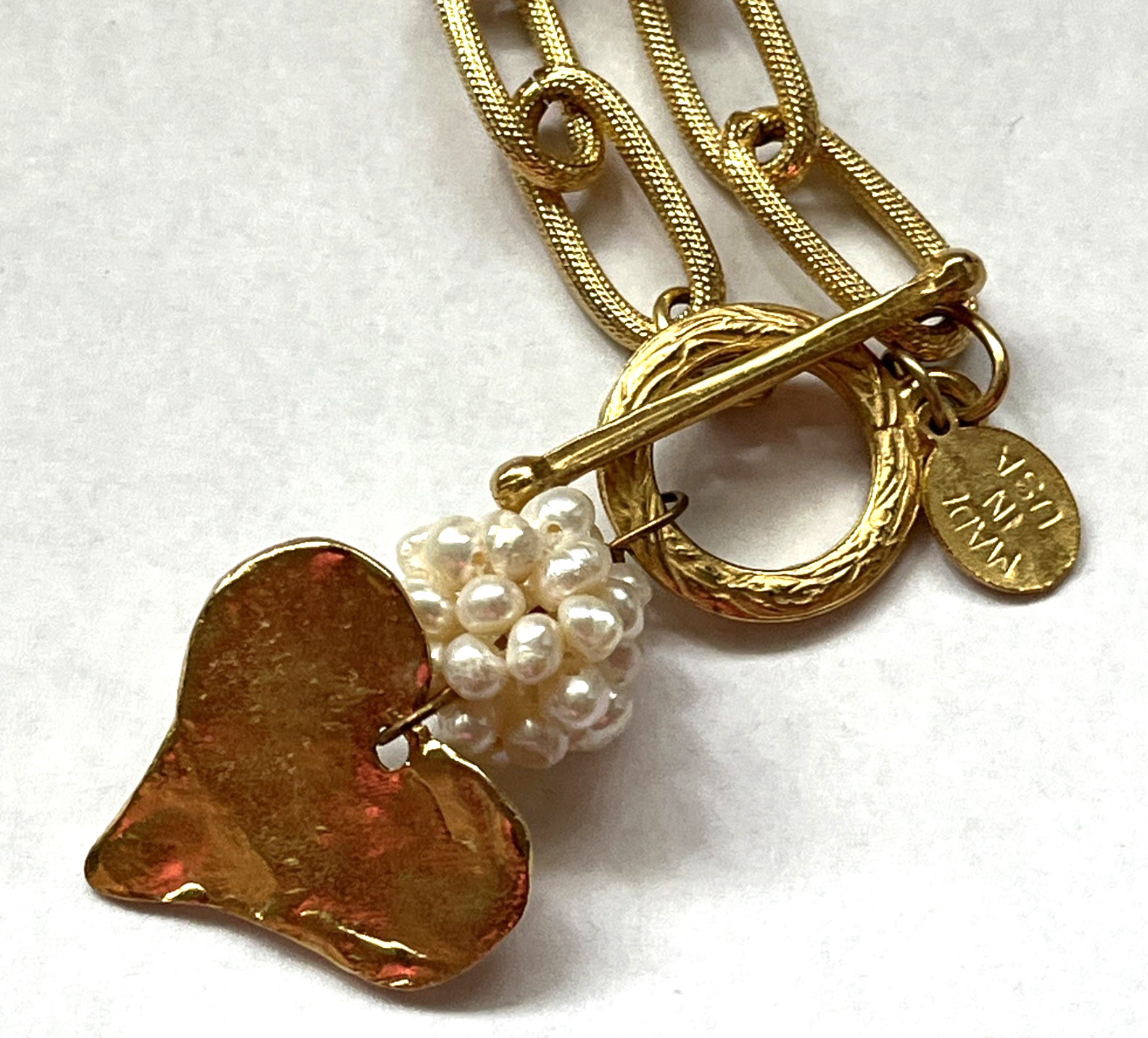 SUSAN SHAW 24K TPG Genuine Fresh Water Pearls Heart Toggle Chain Link Necklace