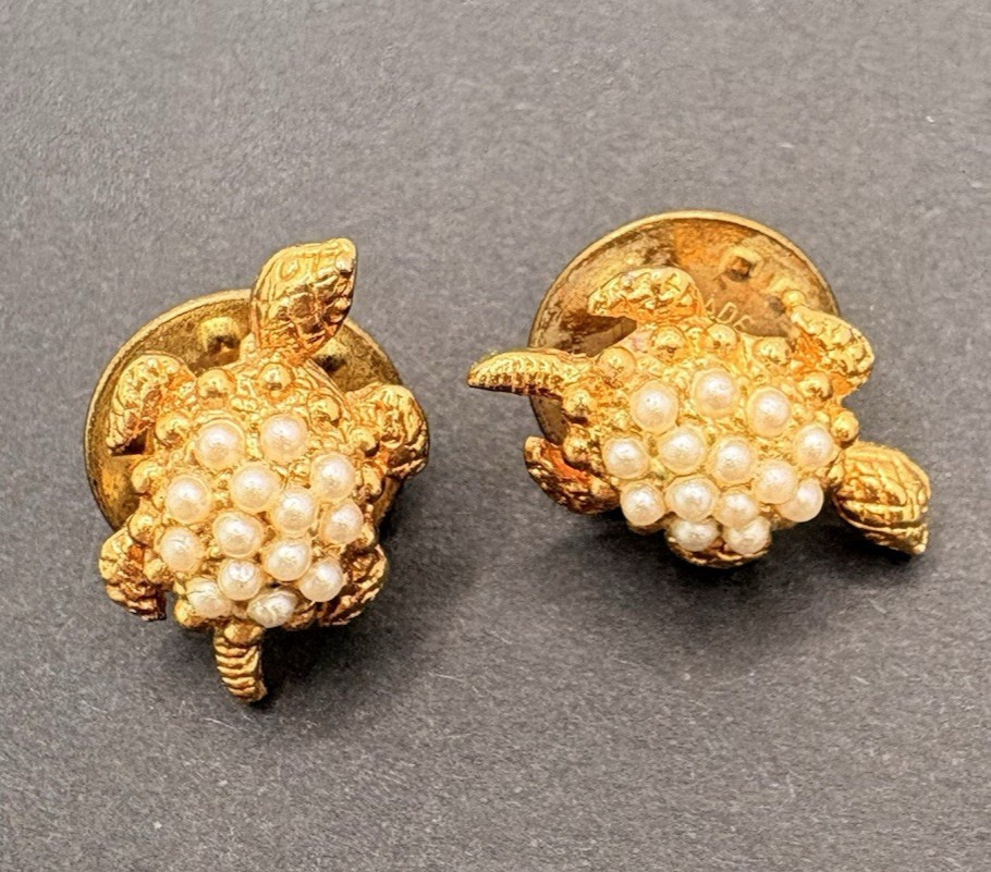 Vintage Lot of 2 Turtle Faux Pearl Brooch Pins Gold Tone Dainty Tiny