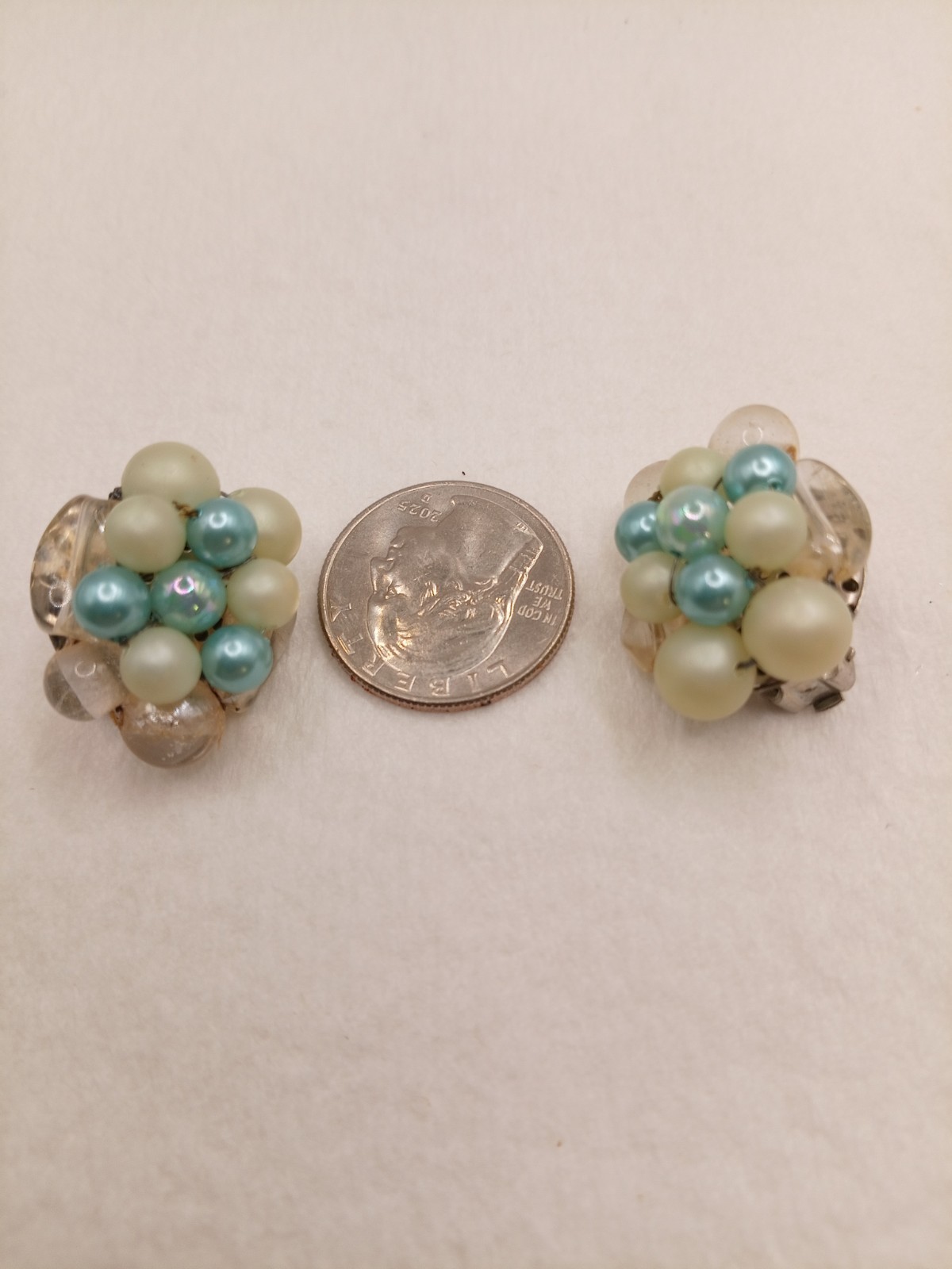 VNTG Japan Shades Of Blue Beaded 3strand Necklace And Matching Clip Earrings