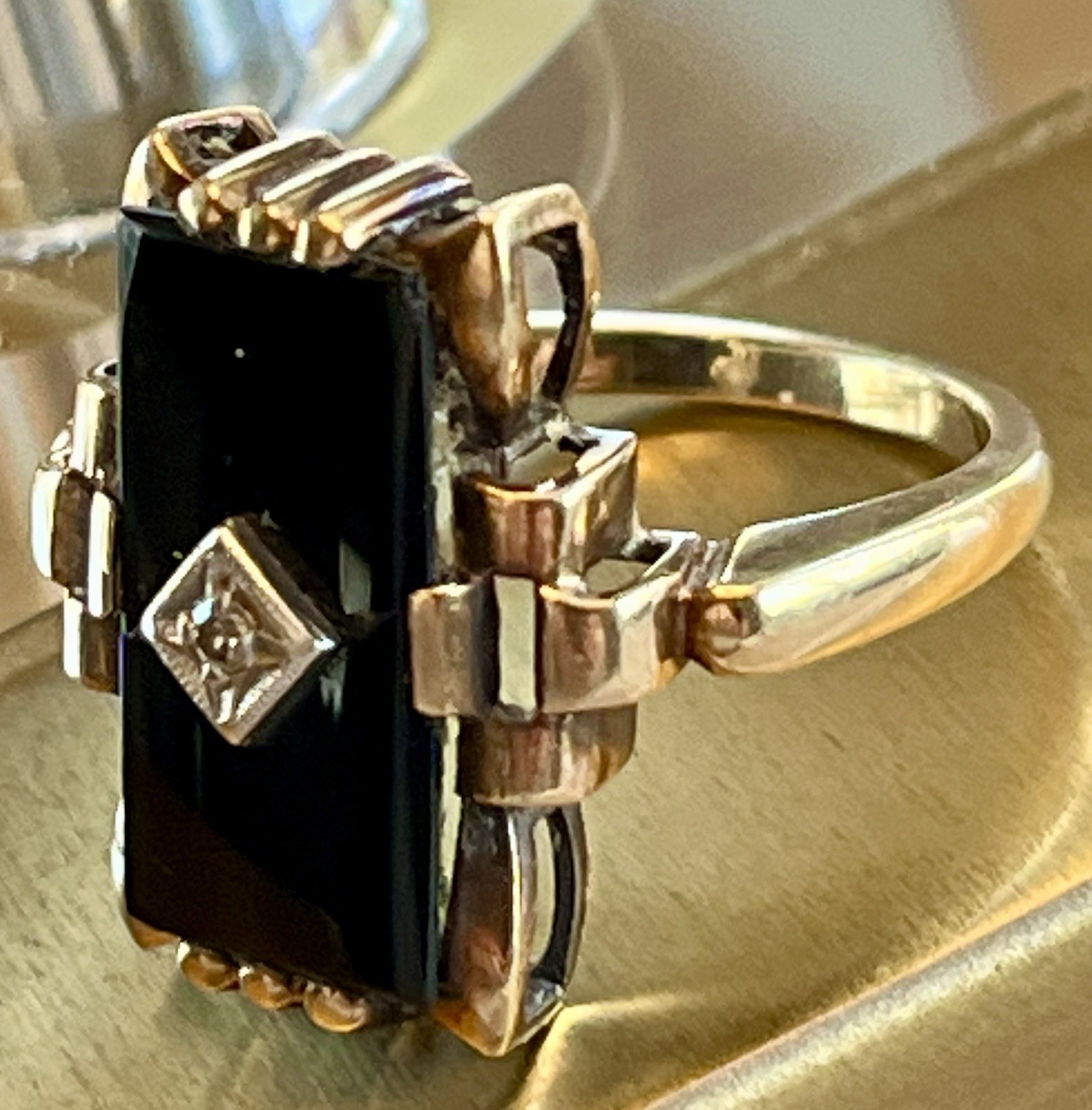 🖤 Antique Art Deco Large Rectangle Black Onyx & Diamond 10k Yellow Gold Ring 6