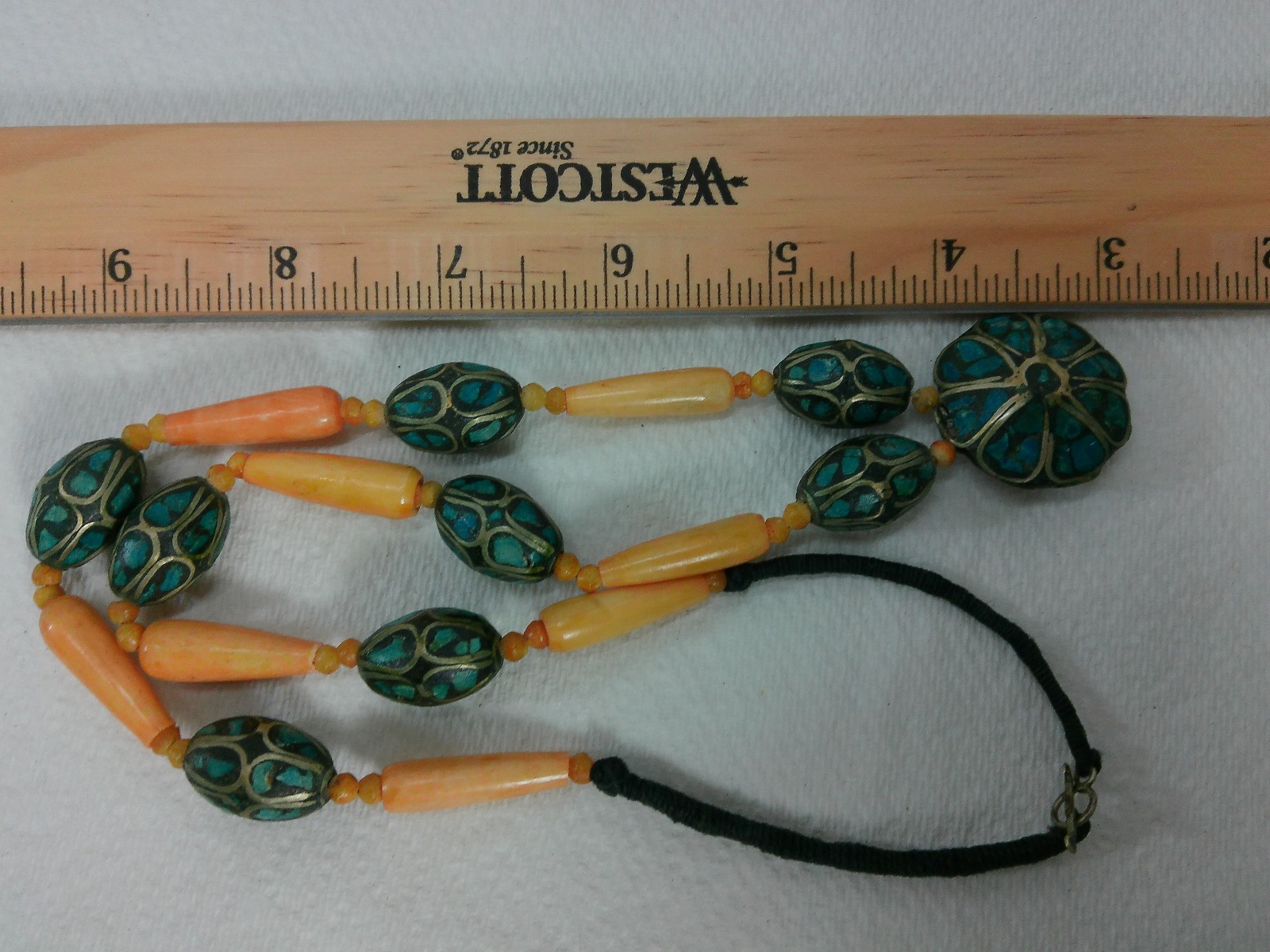 Vtg Turqoise Chip Inlay Silver Cow Bone Beaded Tribal Flower Pendant Necklace