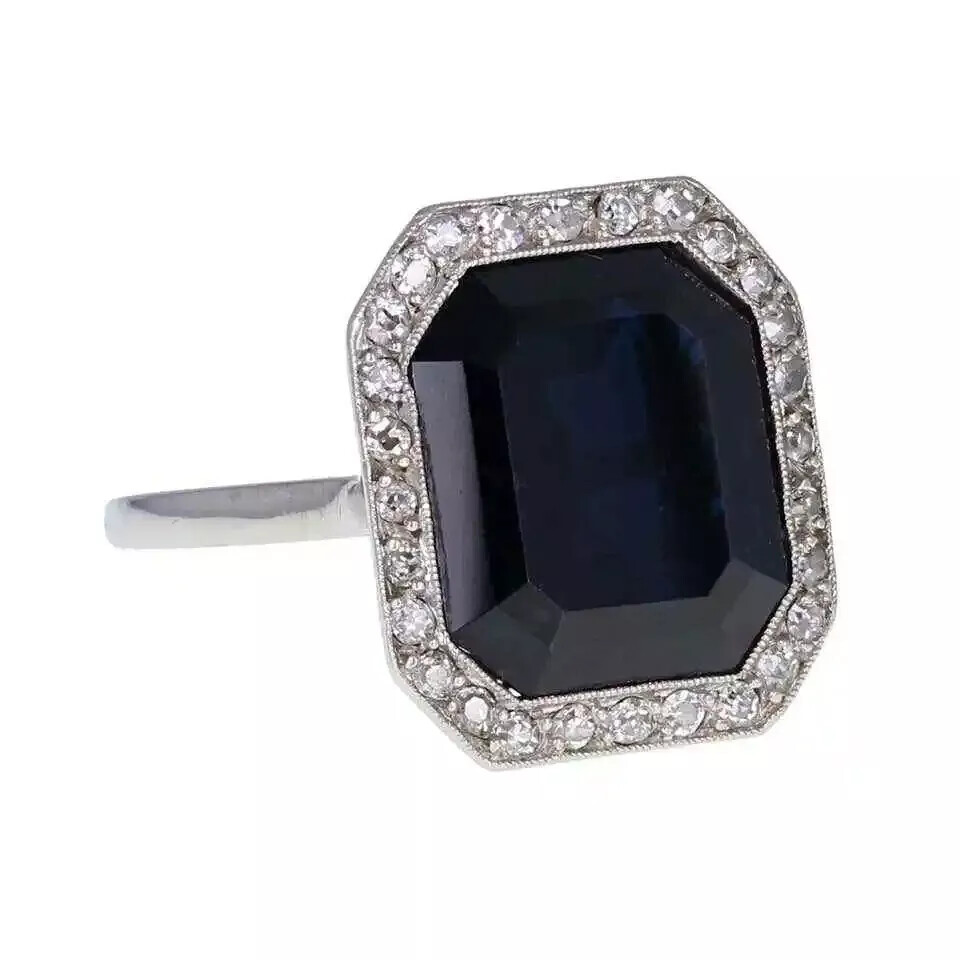 3.00 CT Black Emerald Cut Onyx CZ Women’s Halo Wedding Ring In Solid 925 Silver