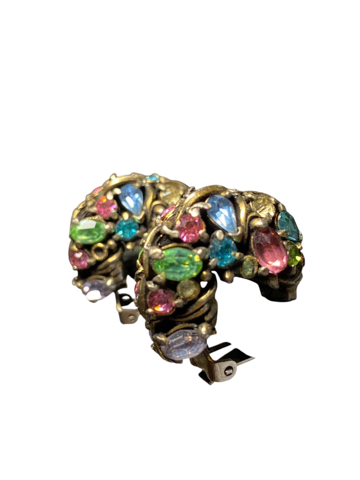 Vintage Hollycraft Multi Color Rhinestone Earrings Clip-on Silver tone Pastels