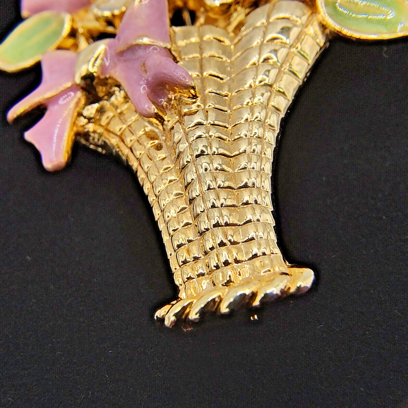 Vintage Flower Basket Brooch Pin Colorful Enamel Gold Tone Cottagecore