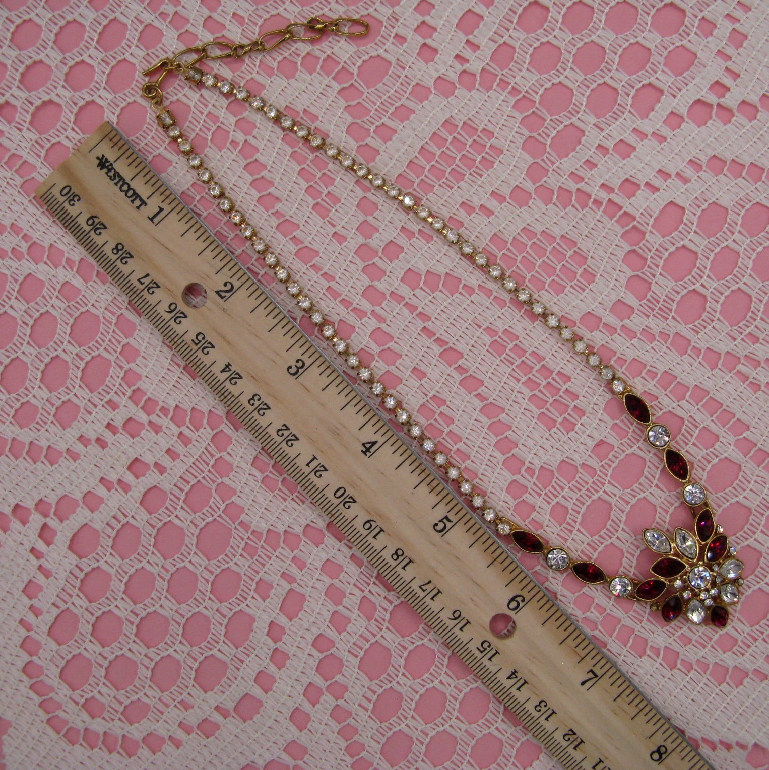 MONET Necklace Vtg Rhinestone Fuchsia Red And Clear Gold-Tone Flower 15″ – 17″