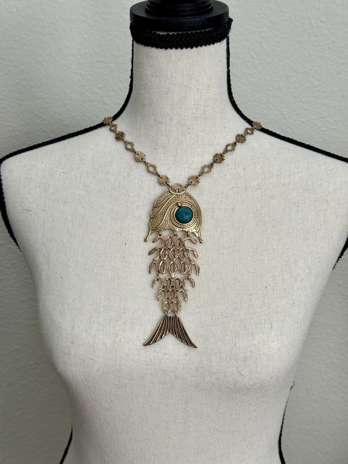 Vintage Bohemian Articulated Fish Pendant Heavy Link Chain. Gypsy Hand Made