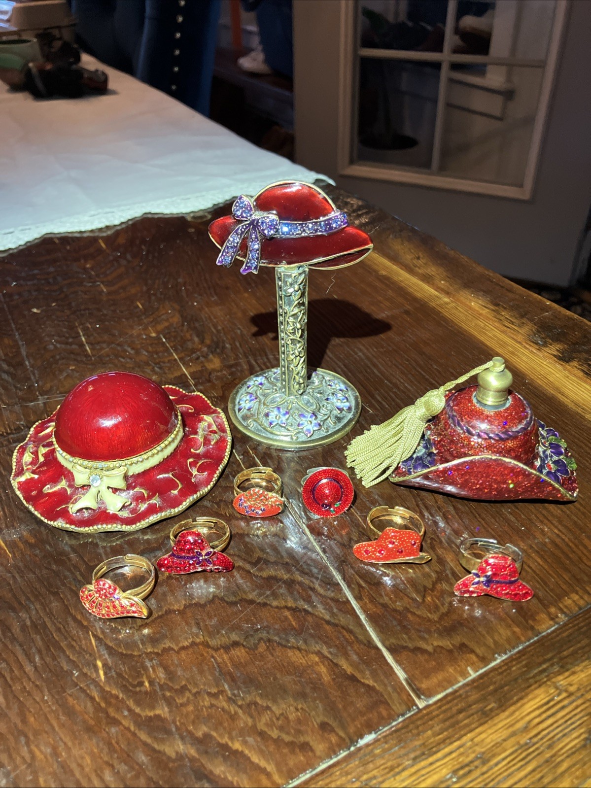 Red Hat Society 3pc + 6 Rings Set Trinket Box Ring Holder Perfume Bottle Vintage