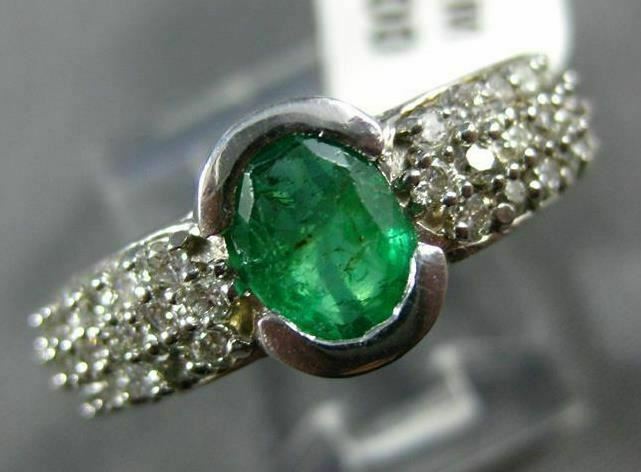ESTATE 1.53CT DIAMOND & EMERALD 14KT WHITE GOLD OVAL SEMI BEZEL ENGAGEMENT RING